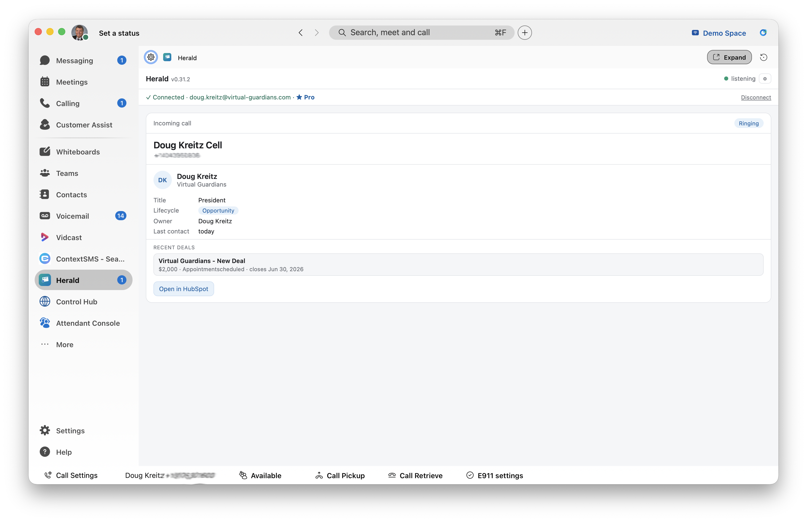 Herald's sidebar inside the Webex App: a live incoming call matched to the caller's HubSpot record, showing their title, lifecycle stage, deal owner, and an open deal, with an Open in HubSpot button.